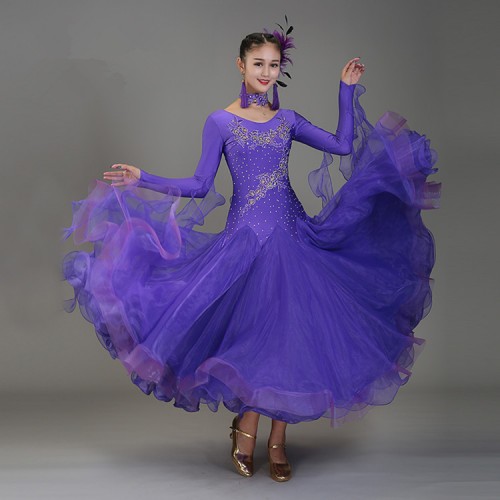 Black white purple fuchsia green violet red rhinestones long sleeves competition waltz tango ballroom dancing dresses